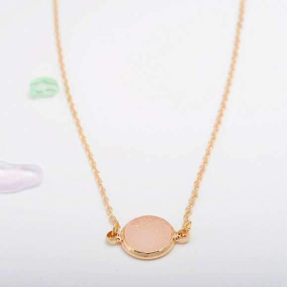 Peach Druzy Round Circle Pendant Dainty Minimalist Gold Chain Necklace - Picture 5 of 14